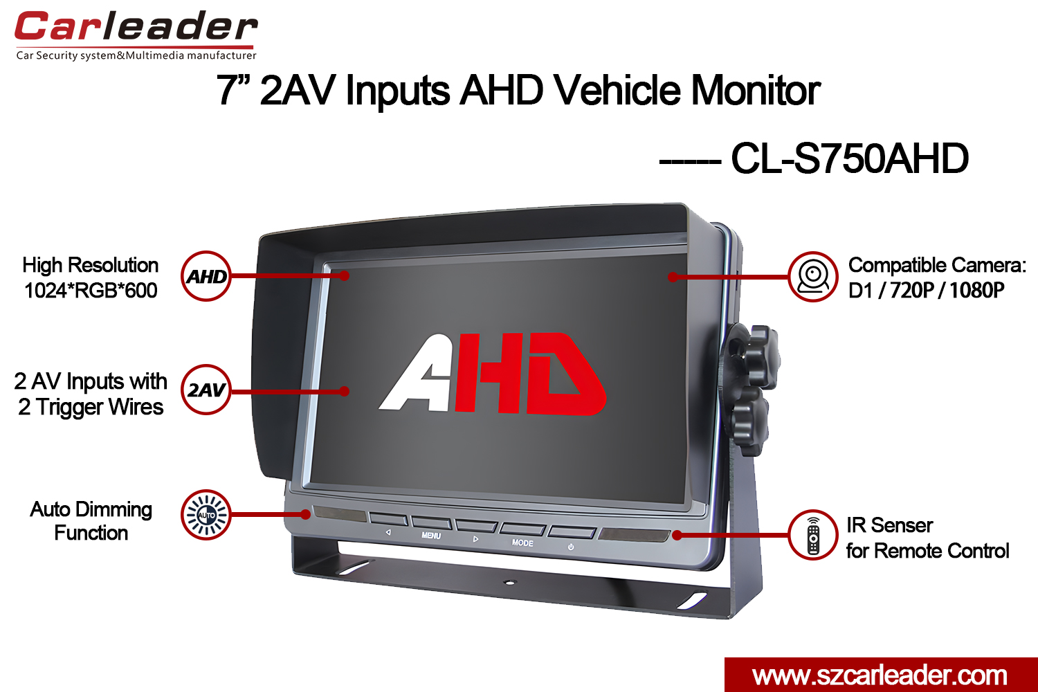 7-дюймовый реверсивный монитор 2AV AHD для грузовика